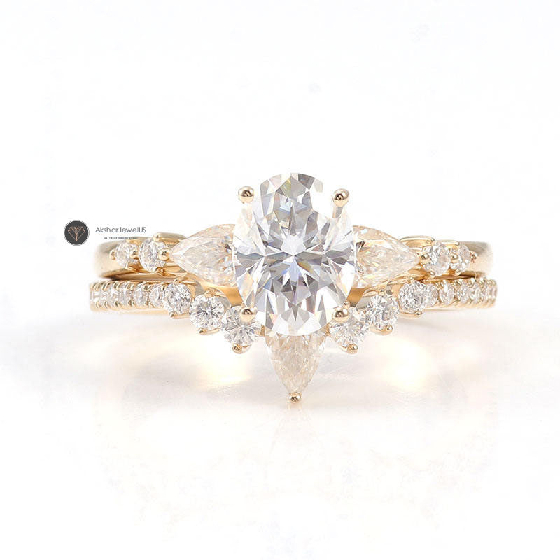 Oval Cut Moissanite Vintage art Deco Pear Diamond Ring Set