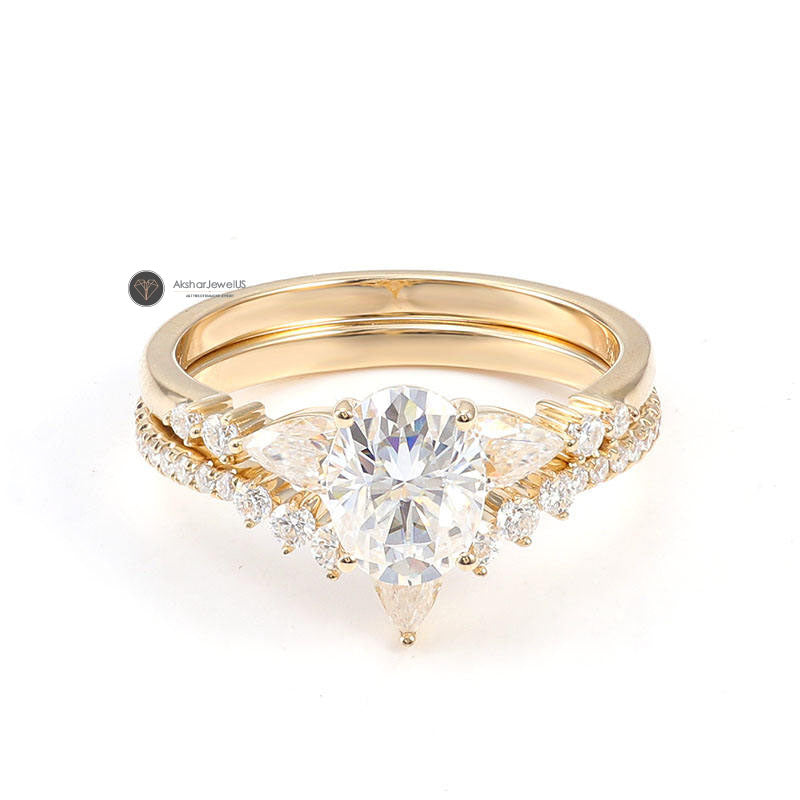 Oval Cut Moissanite Vintage art Deco Pear Diamond Ring Set