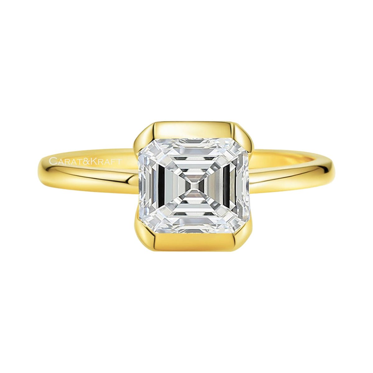 Asscher Cut Solitaire Lab Grown Diamond Ring, Half Bezel Diamond Engagement Ring from Carat and Kraft, on white