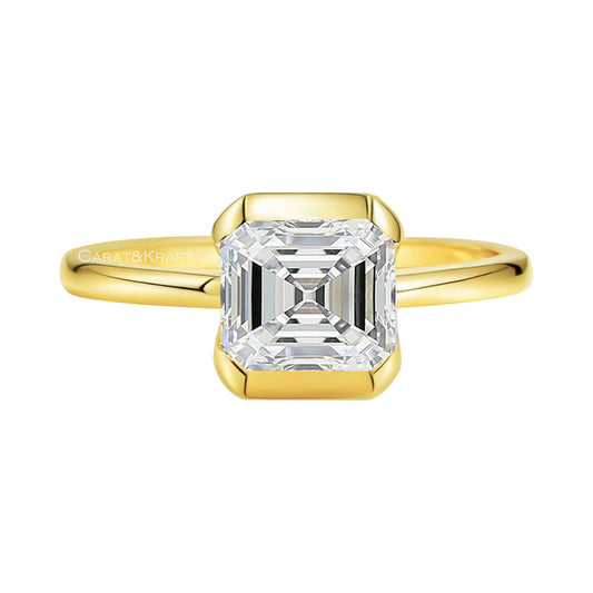 Asscher Cut Solitaire Lab Grown Diamond Ring, Half Bezel Diamond Engagement Ring from Carat and Kraft, on white