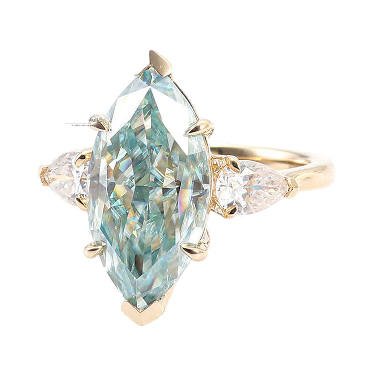 Blue Green Marquise Cut Moissanite Muse Engagement Ring from Carat and Kraft, on white