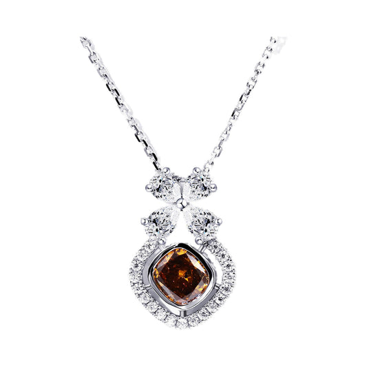 Brown Cushion Cut Bezel Set Flower Style Lab Grown Diamond Pendant from Carat and Kraft, on white