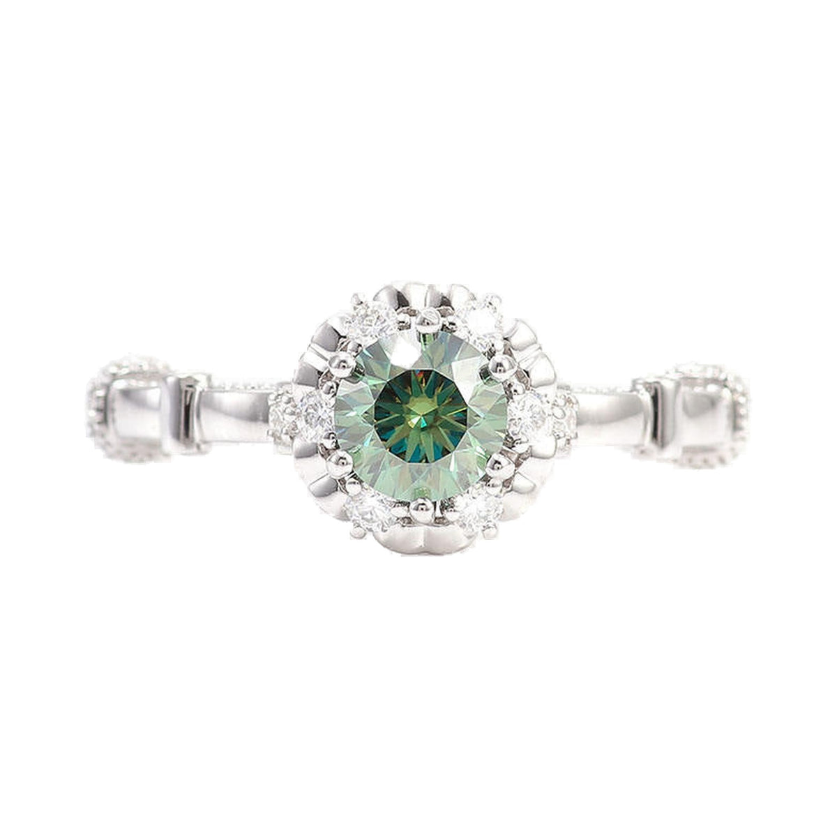 Green Emerald Round Cut Ring, Vintage Style Flower Halo Ring from Carat and Kraft, on white