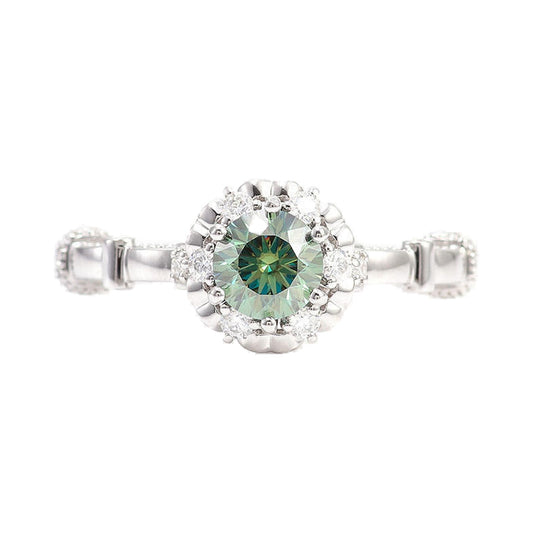 Green Emerald Round Cut Ring, Vintage Style Flower Halo Ring from Carat and Kraft, on white