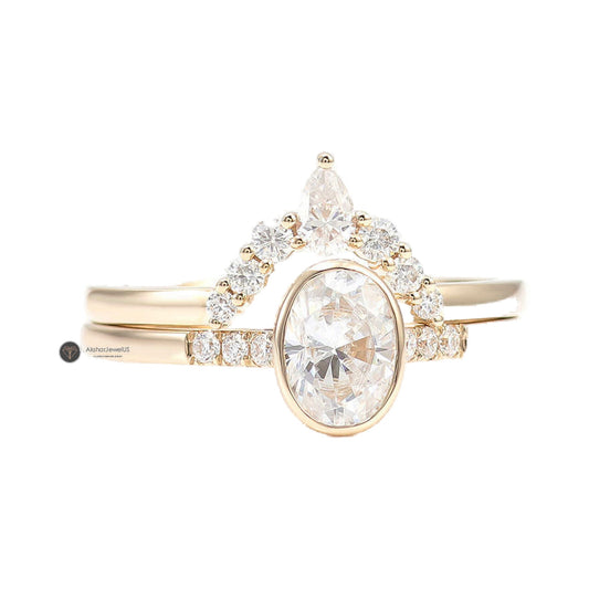 Crushed Ice Oval Lab Grown Diamond Curved Ring Set, Bezel Moissanite Bridal Set from Carat and Kraft, on white