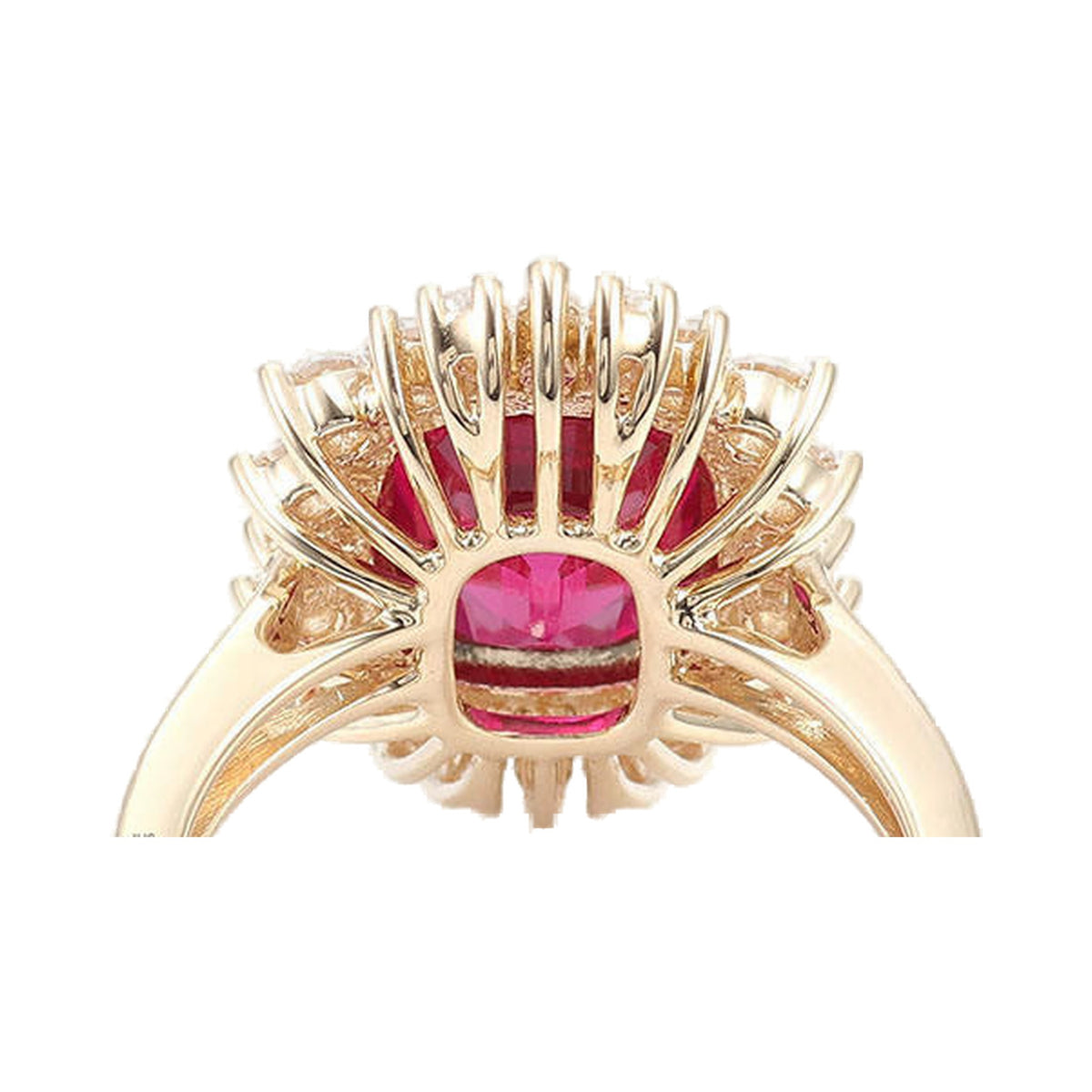 Red Ruby Cushion Cut Halo Vintage Gemstone Ring from Carat and Kraft, on white