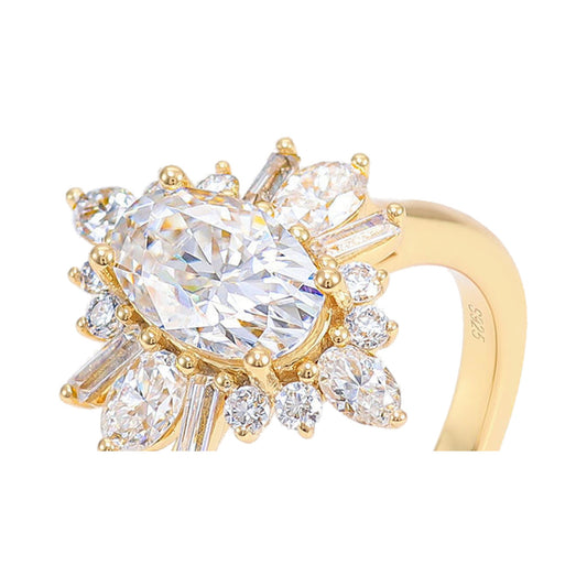 Elongated Oval Cut halo Cluster Moissanite Ring Set from Carat and Kraft, on white