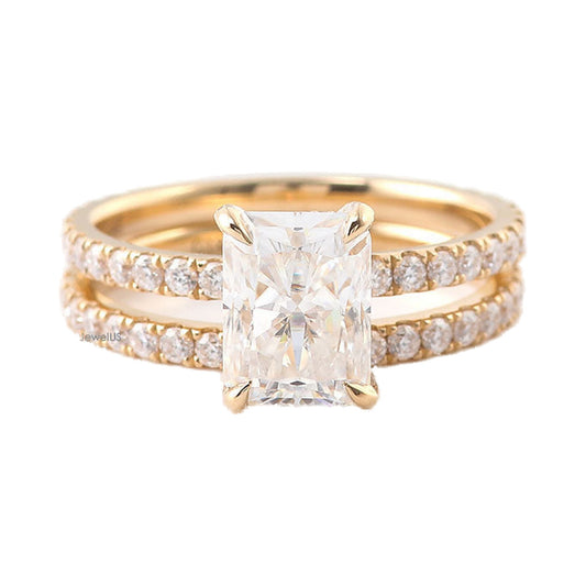 Emerald Cut Hidden Halo Pave Moissanite Engagement Ring Set from Carat and Kraft, on white