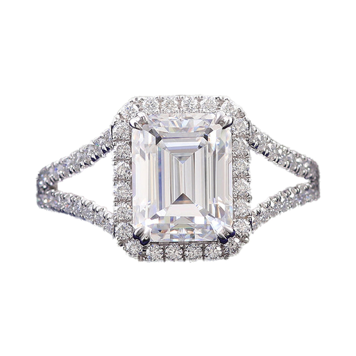Emerald Lab Grown Diamond Halo Spilt Shank Moissanite Ring from Carat and Kraft, on white