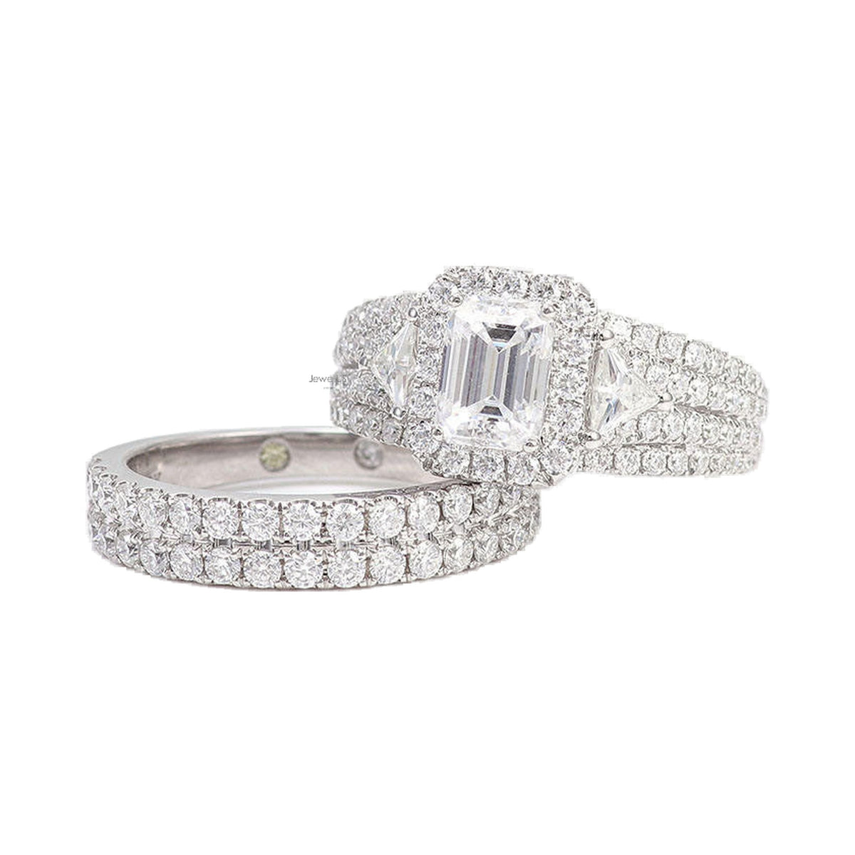 3.60CT Emerald Halo Moissanite Vintage Ring Set from Carat and Kraft, on white
