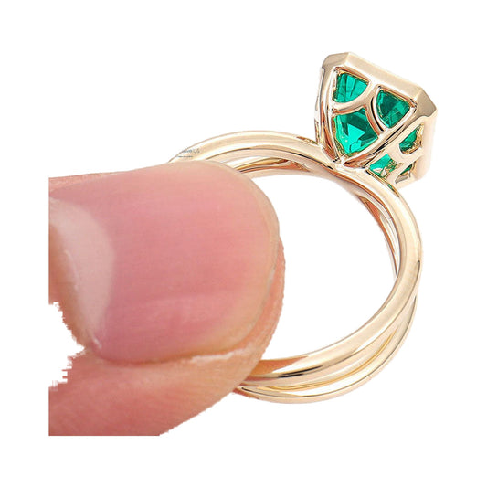 Green Emerald Cut Moissanite Bezel Set Double band Wedding Ring from Carat and Kraft, on white