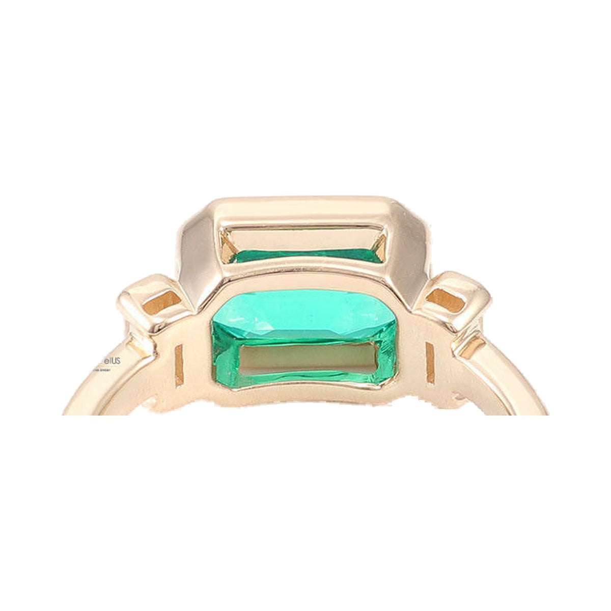 Green Emerald Cut Three Stone Half Bezel Set Moissanite East West Ring from Carat and Kraft, on white