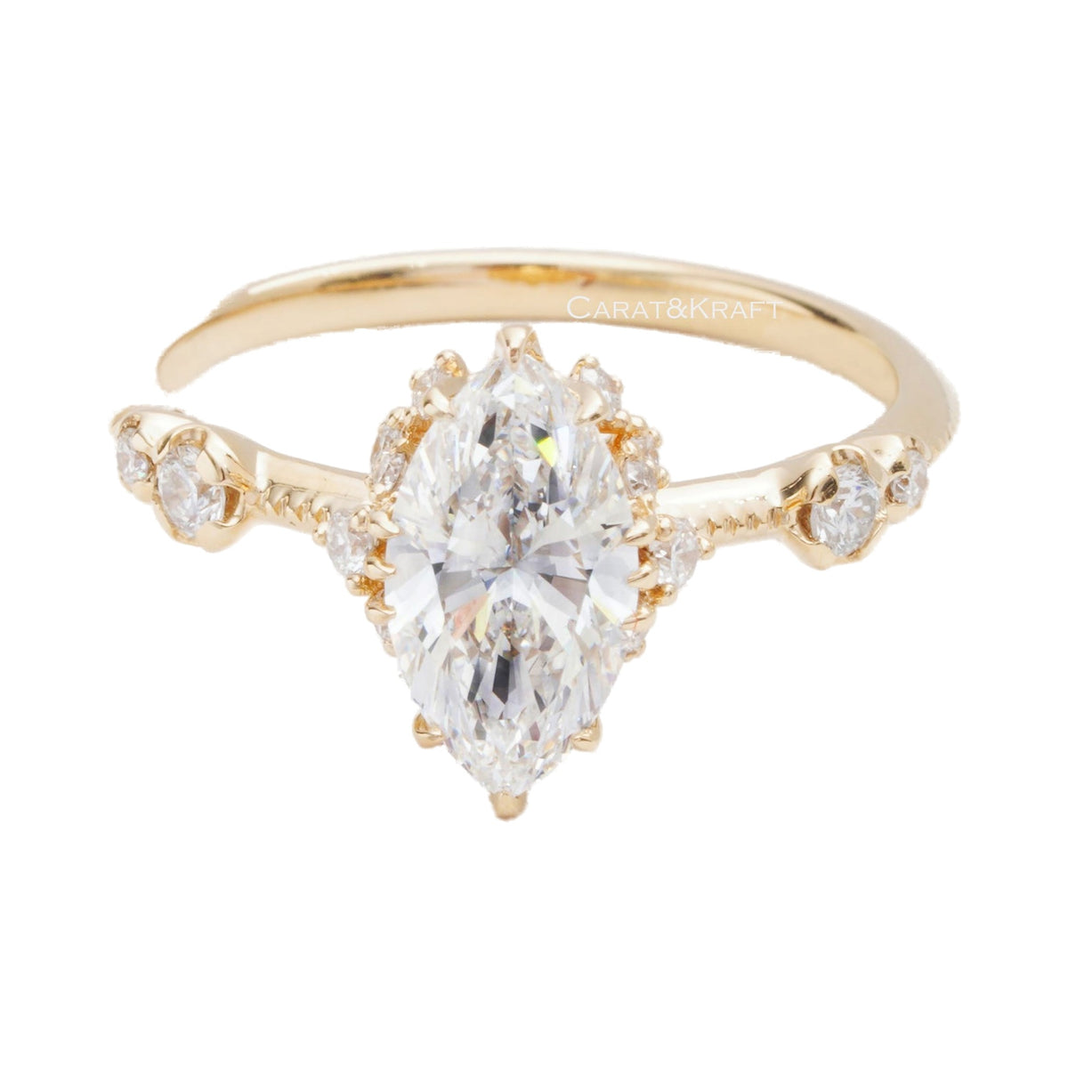 Marquise Cut Vintage Lab Grown Diamond Engagement Ring from Carat and Kraft, on white