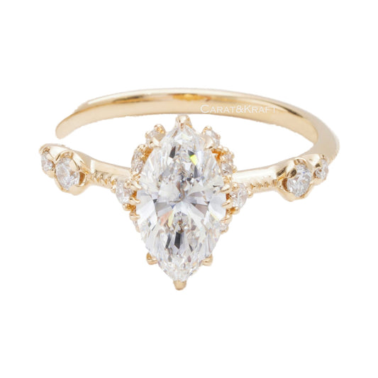 Marquise Cut Vintage Lab Grown Diamond Engagement Ring from Carat and Kraft, on white