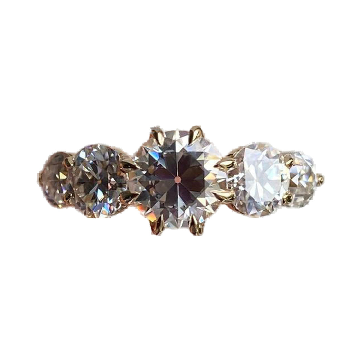 Round Old European Cut Moissanite Diamond Five Stone Ring from Carat and Kraft, on white