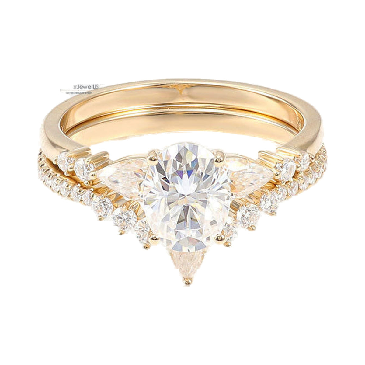 Oval Cut Moissanite Vintage art Deco Pear Diamond Ring Set from Carat and Kraft, on white