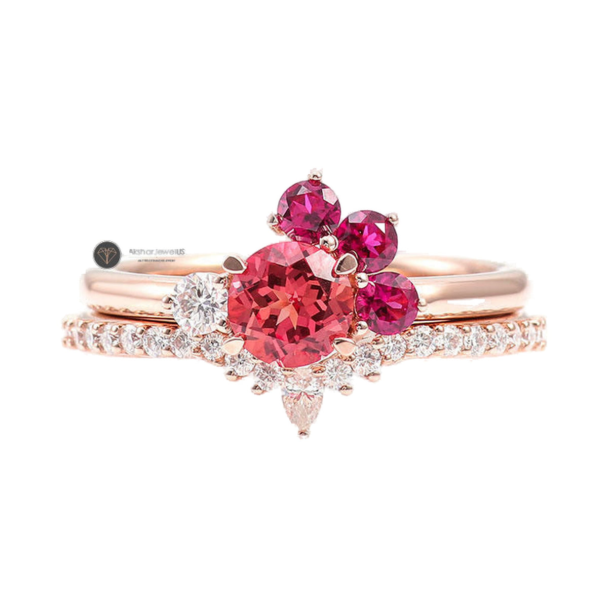 Pink Round Moissanite Diamond Cluster Ring,  Half Eternity Matching Band from Carat and Kraft, on white