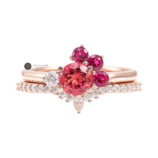 Pink Round Moissanite Diamond Cluster Ring,  Half Eternity Matching Band from Carat and Kraft, on white