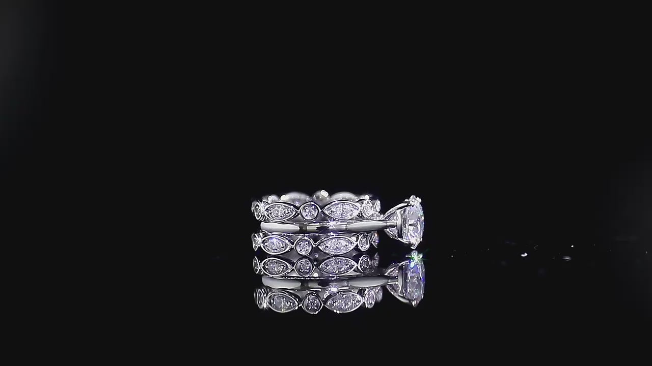 Round Lab Grown Diamond Solitaire Ring Set, Marquise Cut Matching Band