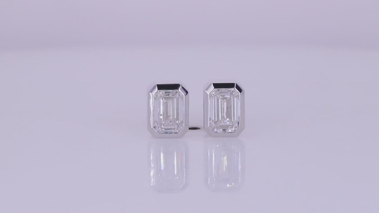 Bezel Set Emerald Shape Lab Diamond Stud Earrings, Push Back / Screw Back Style, 14K Solid Gold, Lab Grown Diamond