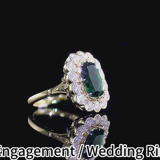 1.0CT to 5.0CT Green Emerald Elongated Cushion Cut Vintage Style Ring, Cluster Halo Ring