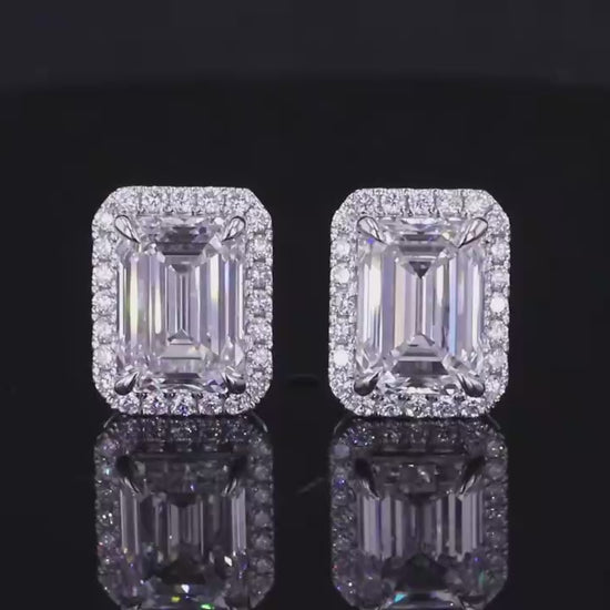 Emerald Cut Lab Grown Diamond Halo Stud Earrings: 14K Solid Gold