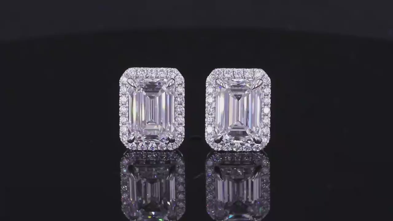 Emerald Cut Lab Grown Diamond Halo Stud Earrings: 14K Solid Gold