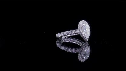 Elongated Pear Halo Moissanite Ring, Hidden Halo Wedding Ring