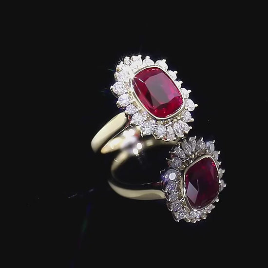 Cushion Cut Red Ruby Engagement ring, Cushion Cut Halo Vintage Gemstone Ring