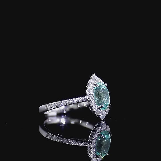 Blue Green Oval Moissanite Halo Ring, Oval Engagement Ring, Split Shank Ring