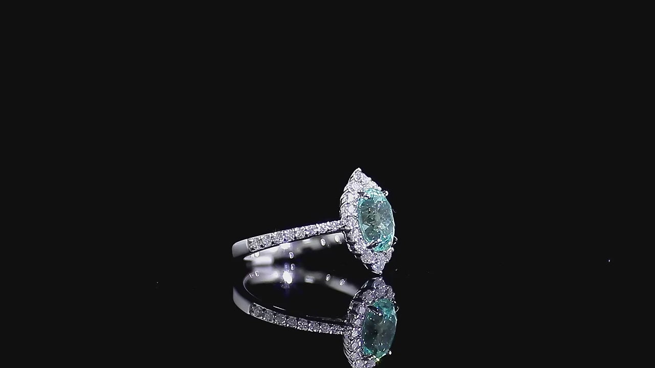 Blue Green Oval Moissanite Halo Ring, Oval Engagement Ring, Split Shank Ring