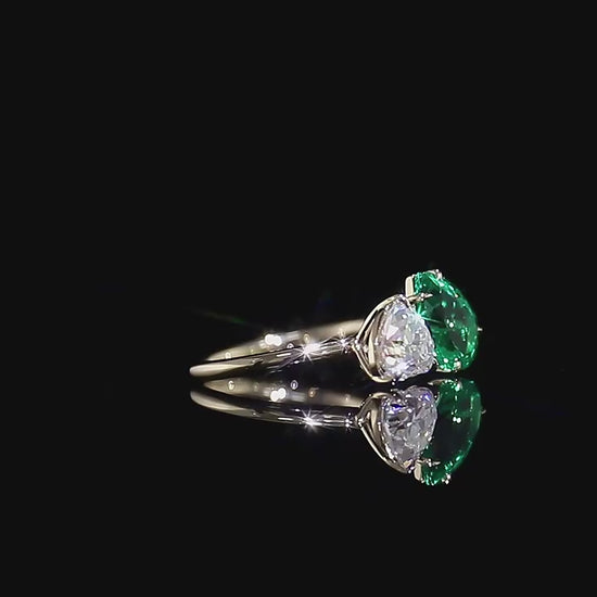 Green Emerald Pear Cut and Heart Toi Et Moi Ring, Two Stone Ring, Solitaire Ring