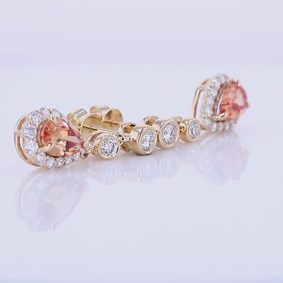 Orange Sapphire Pear Cut Halo Earring