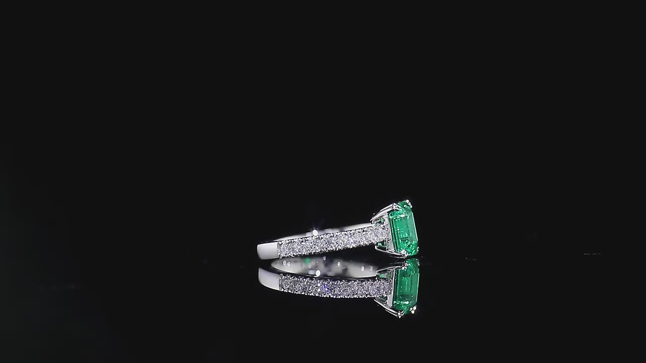 Green Emerald Moissanite Diamond Engagement Ring, Emerald Double Claw prong Ring