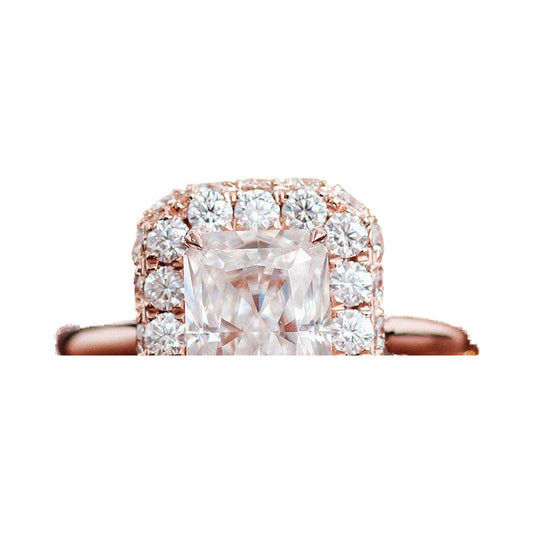Radiant Cut Moissanite Halo Wedding Ring Engagement Ring from Carat and Kraft, on white