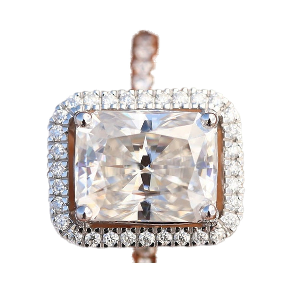Radiant Cut Halo Moissanite Diamond Two Tone Engagement Ring from Carat and Kraft, on white