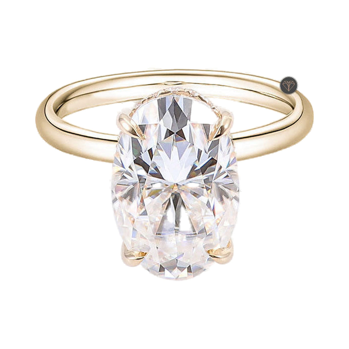 Elongated Oval Double Hidden Halo Moissanite Diamond Engagement Ring from Carat and Kraft, on white