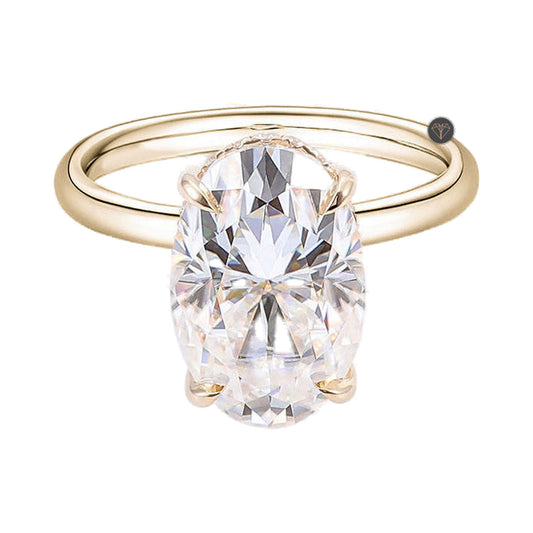 Elongated Oval Double Hidden Halo Moissanite Diamond Engagement Ring from Carat and Kraft, on white