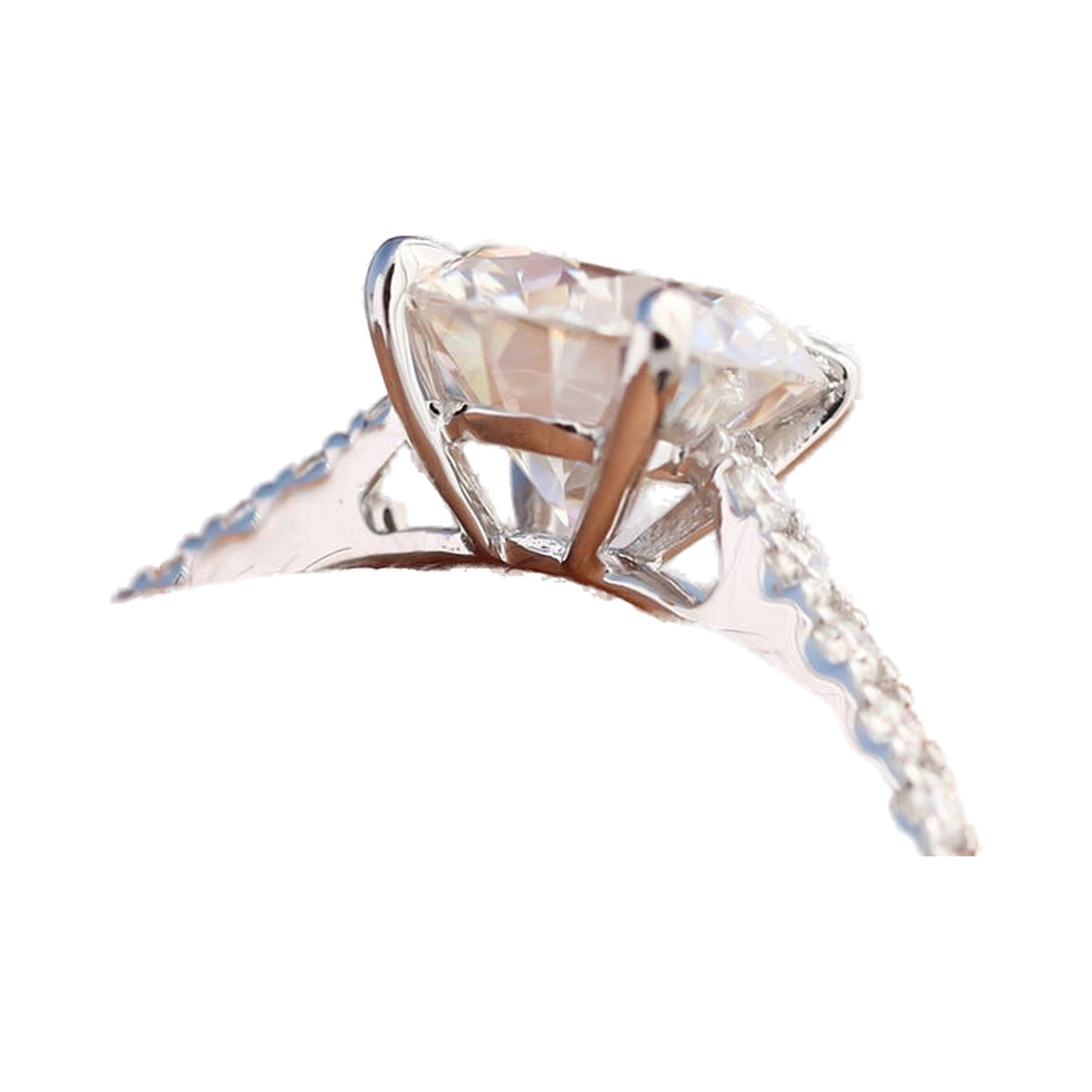 Round Brilliant Cut Moissanite Ring, Claw Prongs Pave Set Ring from Carat and Kraft, on white