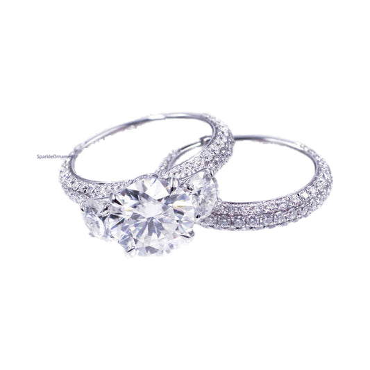 Round Moissanite Three Stone Pave Set Ring Set from Carat and Kraft, on white