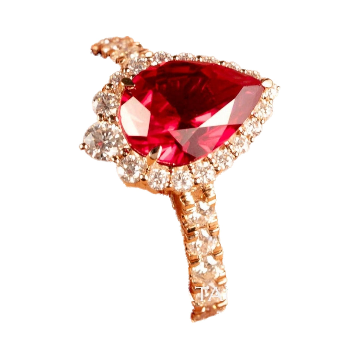 Ruby Engagement Ring, Pear Cut Halo Engagement Ring Vintage Moissanite Ring from Carat and Kraft, on white
