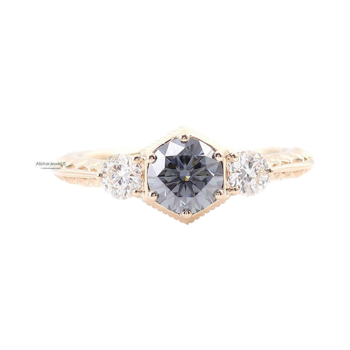 Gray Round Cut Vintage Old Design Three Stone Moissanite Diamond Ring from Carat and Kraft, on white