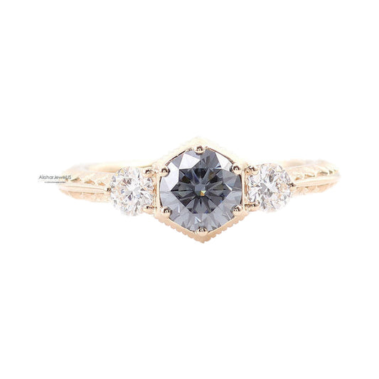 Gray Round Cut Vintage Old Design Three Stone Moissanite Diamond Ring from Carat and Kraft, on white