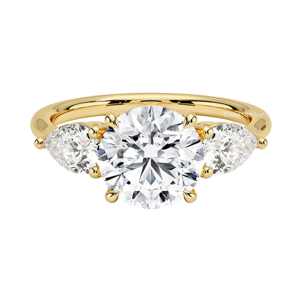 Round Cut Three Stone Lab Grown Diamond Engagement Ring from Carat and Kraft, on white