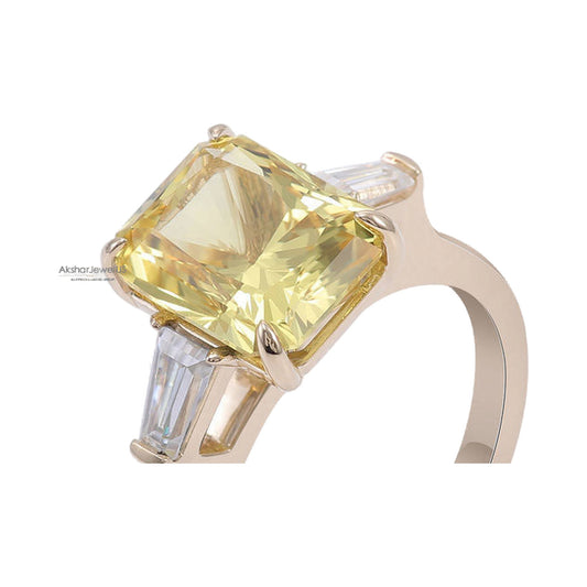 Yellow Radiant Cut And Tapered Baguette Moissanite Three Stone Ring from Carat and Kraft, on white